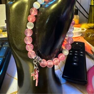 Handmade breast cancer survivor bracelet-white tiger eye & chalcedony w cross